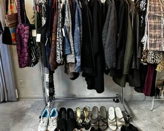 Women's plus size jackets and coats, and a variety of shoes, sandals, sneakers – mostly casual, and most size 10 or close to.