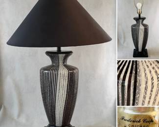 A mid-century modern Frederick Cooper black and white striped vase-form table lamp, MCM classic design.