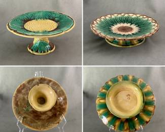 Antique majolica cake stand, 9" diameter, c. 1880-90, entire piece in raised yellow basketweave w/green palm leaf design on stem and plate; and an antique majolica pedestal dish or tazza featuring a detailed sunflower design