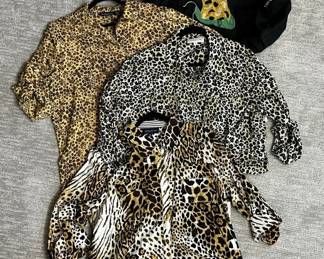 Women's plus size leopard- and animal-print blouses, and a black duffel bag featuring an embroidered leopard appliqué