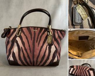 A Coach Madison Kelsey satchel featuring a brown and pink zebra print on canvas with leather trim