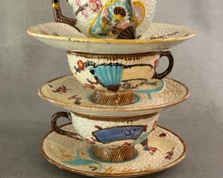 Another view of the antique English hand-painted majolica cups/saucers