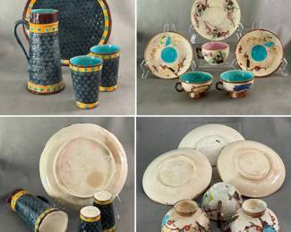 Antique 19th C. Wedgwood majolica 4-piece cider set in molded pattern of rosette, colored/glazed cobalt blue, yellow and turquoise, brown edging on all pieces. Pitcher and tumblers w/turquoise liner. Charger 10-1/2" W, pitcher 8-1/4" H, tumblers 4-1/4" H. Antique majolica cup and saucer in bird/fan pattern on raised dot background c. 1880s w/impressed English registration mark; and pair of hand-painted majolica cups/saucers c. 1879 in fan and flowers design w/impressed potters mark Field on saucer, Stoke on Trent, England 