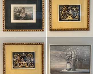 Framed art including a pair of Italian style classical prints, a still life of flowering willow branches in jars, and a watercolor print of scenic ruins in landscape