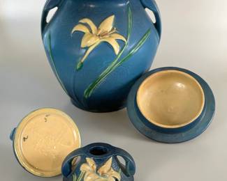Another view of the Roseville Pottery Zephyr Lily Bermuda Blue cookie jar with lid, and matching pair of candlesticks; vintage 1940s/1950s.