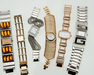 Vintage watches, women's fashion watches including an Anne Klein gold tone one diamond lattice bracelet watch, a Versales vintage-style bangle cuff fashion watch with a gold-tone finish and a white dial,  and a Peter Bornie luxury women's quartz wristwatch featuring a rose gold-tone rectangular case and band adorned with rhinestones.