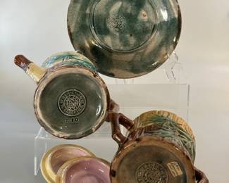 Reverse view of antique American majolica teapot, covered sugar, and plate in Bamboo pattern by Griffin, Hill & Smith of Phoenixville, PA,  circa 1880. Hand-painted in shades of brown, yellow and green, the sugar and teapot with lavender liner; impressed double circle trademark, Etruscan Majolica GHS.