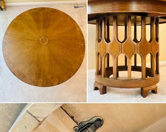 More views of the show-stopping Mid-Century Modern wooden round top expandable table with 3 additional leaves and support legs, and a distinct sculptural base design