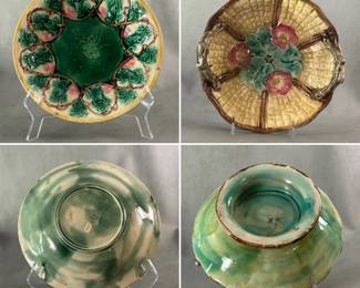 A rare antique Etruscan Majolica bowl circa 1880 from classical series of mythological scenes, design of child nymph on racing horse in intaglio depression colored in green transparent glaze, border of raised brown lacing branches and green leaves, impressed monogram GHS and five point star mark, 9-3/4", along with a late 19th C. Majolica pottery footed compote bowl in yellow and brown featuring a distinctive basketweave texture, molded tree branch handles, and a central pink and green floral primrose motif. 