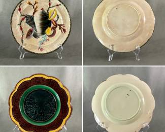 Antique Wedgwood majolica plate, hand-painted in raised shell/seaweed pattern in yellow, rose, turquoise, brown/grey on cream white basketweave ground, rope border trim in deep gray, impressed Wedgwood w/letter date code GVK (1882), M 3054 painted in red underglaze. Antique c. 1870 Wedgwood Tremblay Majolica plate, center of dark blue of people walking in the park, edged from green, brown, to golden yellow scalloped edge. Impressed Wedgwood mark, black mark #1426, M and X. Both plates 9” diameter.