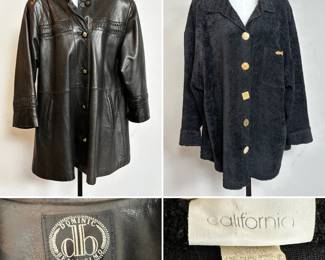 A Dominic Bellissimo black leather coat size 10, and a California black terry-cloth texture one-pocket long sleeve shirt with carved buttons