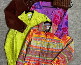 Colorful clothing! Women's plus size jackets and tops from Coldwater Creek, and a vintage perforated leather handbag
