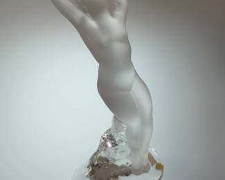 Another view of the signed Lalique France "Danseuse Bras Leves" (Dancer with Arms Raised) frosted crystal figurine, originally designed in 1960 by Marc Lalique. 