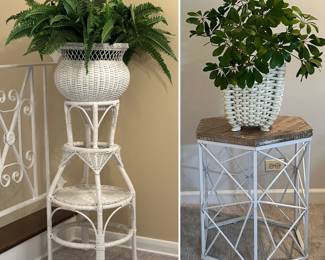 A white wicker plant stand and a white ceramic planter with decorative woven basket design (both shown with faux plants); and a hexagonal accent side table featuring a geometric painted white metal base and a rustic wooden top