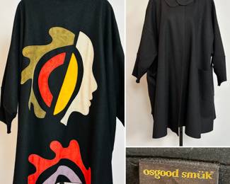 A rare 1980s vintage Osgood Smuk black wool and colored suede leather coat 