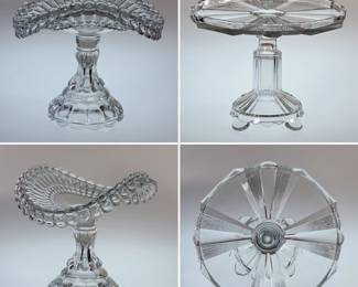 Antique EAPG Early American Pattern Glass items: A "banana boat" shape fruit stand, and a rare Adams & Co. "Clear Ribbon" pattern cake stand circa 1882. 