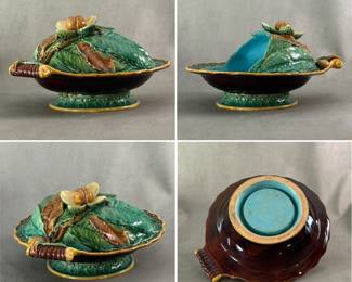 A stunning antique Minton Majolica chestnut server, round in shape with low pedestal base, attached half covered dome lid modeled as leaves of varying shades of green and brown, with applied spreading nut shell holding raised tan color nut within it, scalloped edge in gold with green leaf/white dot flower design ending in rolled grip handle, turquoise liner, 11-1/2" diameter by 7” H, impressed maker's marks for the Minton pottery and a pattern number, '694'. Circa 1860s-1880s.
