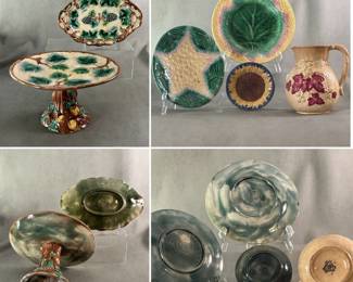 Antique Etruscan Majolica grape pattern fruit tray c. 1880-90 by American potter Griffin, Hill & Smith; antique majolica cake stand circa 1880-90 in Etruscan Maple Leaf pattern, impressed GHS mark; three antique Etruscan Majolica dishes by Griffin, Hill & Smith; and one American majolica pitcher in Strawberry pattern called Avalon Faience by potter David F. Haynes of Chesapeake Pottery Co. / D.F. Haynes * Co., Baltimore Maryland  