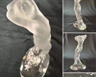 A signed Lalique France "Danseuse Bras Leves" (Dancer with Arms Raised) frosted crystal figurine, originally designed in 1960 by Marc Lalique. 