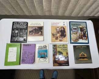 Collector's books for silver flatware, Nippon porcelain, Wedgwood, Minton majolica, wicker, flow blue china, 