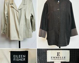 Eileen Fisher size XL lightweight tan khaki jacket, and an Emmelle black and grey textured jacket size 1