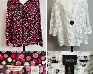 A Laura Ashley pink and white polka dot on black long sleeved zippered top, size 1X, and a Chico's Travelers Collection woven appliqué white semi sheer jacket Size 3