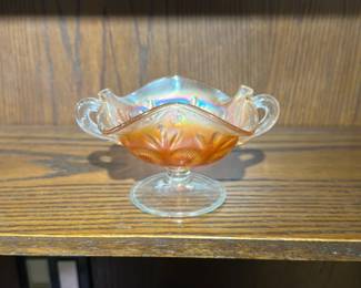 A lovely antique Dugan marigold carnival glass "Question Marks" two-handled pedestal bowl. 