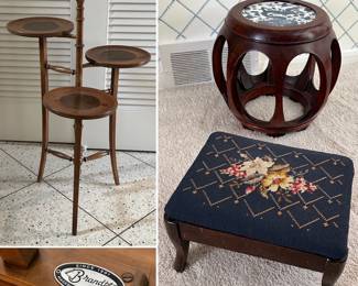 A Brandt staggered wooden three-tiered dessert stand with leather inserts, a decorative Asian-style barrel stool or side table, carved wood with blue and white porcelain top featuring a dragon design, and a  a vintage mid-20th-century wood footstool featuring a handmade floral needlepoint tapestry top.