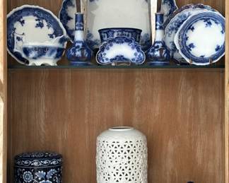 More from a selection of antique English flow blue transferware china, a pair of engraved silver candlestick holders, pair of vintage blue and white porcelain lidded ginger jars, a decorative Asian style pierced white glazed porcelain jar, and a vintage DesignPac blue and white tea set