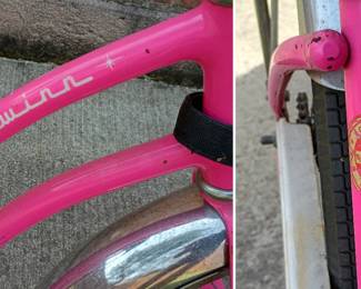 Closeup of the 1960s vintage pink Schwinn Sting-Ray bicycle with a distinctive "banana" seat with a floral pattern and a high backrest; equipped with a pink wicker-style front basket and chrome fenders.
