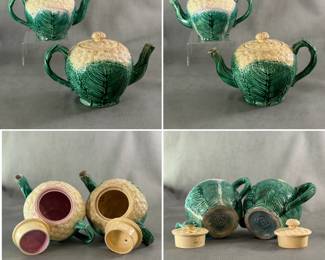 Two antique majolica teapots in the Etruscan series cauliflower design circa 1880 by American potters Griffin, Hill & Smith of Phoenixville, PA;  hand colored in green and cream and pink, impressed GHS monogram and catalog number E.13; one with pink liner.