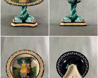 An antique Wedgwood "April" majolica tazza from a dessert set, part of a "Months of the Year" series designed by Helen J. A. Miles, pierced border w/yellow Chinese key fret design, 3 dolphin stem of brightly glazed turquoise supporting a disk plate, outlined transfer print of girl and boy holding umbrella, hand colored. Letter date code ROF (3/1877) and Wedgwood mark. 