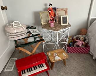 Side tables, stools, wicker basket, toy piano