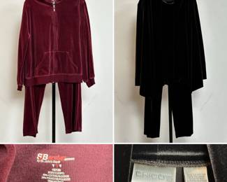 An SBJ Active Woman burgundy velour casual hooded tracksuit set, size 1X, and a Chico's black velour pant suit, top size 2 and pants size 3. Plus Size casual wear!
