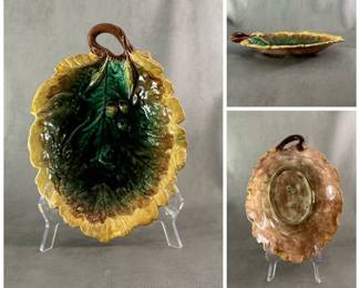 Antique majolica pottery oak leaf and acorn tray or platter circa 1880-90, hand-painted in shades from deep green to brown to yellow, with raised acorns and one open brown twig handle. 