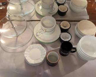 EBE169 - Vintage 2-Tier Glass Server & Assorted White Ceramic Entertaining Set