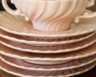 Vintage Franciscan Ware pink cream soup cups with under plates and dessert plates