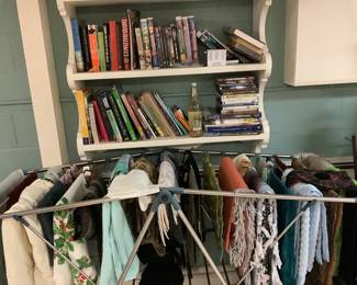 Books , vintage table clothes , , baby blankets
