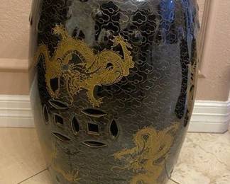Chinese Black Ceramic Garden Stool w/Gold Dragon Pattern, Gumps-San Francisco - COLLECTIBLE, 13" Round x 19"H