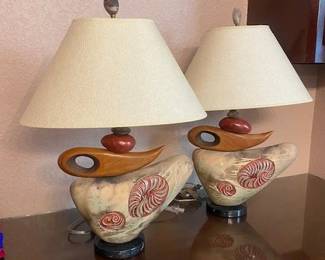 Ceramic & Wood Pair of Table Lamps "Not for Naught" by Jan Jacque, Pelican Motif, Oval Lamp Shades, 22"H 