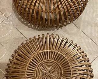 Franco Albini Style Pair of Lobster Pot Round Stools, 100% Natural Rattan, Mid-Century Modern, 20: Round x 14"T