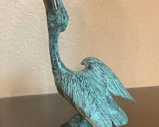 Nifao "Pelican Eating Fish" Sculpture, Solid Brass - Green Patina Finish, SPI Home Gallery,  6"W x 15"H
