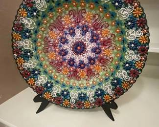 Turkish Ceramic  Plate for Decorative Use, Mandala-Style, Floral Folk Art, 12" Round  