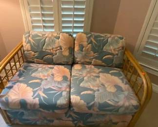 Mid-Century Modern Bamboo Love Seat - Coastal Style Floral, 51"W x 34"D x 24"H