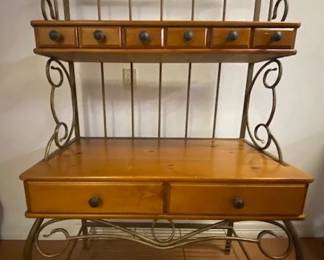 Country French Style Baker's Rack, Iron & Pine Wood, 2 Shelves/2 Drawers, 40"W x 20"D x 70"T