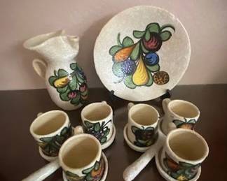 Hand-Painted Ceramic Sangria Wine Set, Handmade Spanish Pottery, Wuismindo Toledo Pottery, Fruit/Leaf Design -Vintage Pitcher, Decorative Platter, 6 Glasses w/Holders