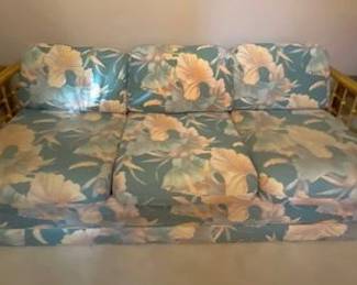 Mid-Century Modern Bamboo SOfa Bed, Coastal Style Floral, 75"w x 35"D x 24"H