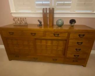 Japanese Tansu Sideboardd, Solid Wood-Elmwood/Light Walnut, Sliding Door Copar;tment, Multiple Draweres, Traditional Japaneese Cabinetry, Mizuya Tansu, 67"W x 23"D x 57"H