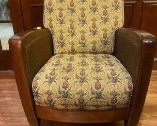 Vintage Art Deco Style CLub Chair, Pineapple Motif Tapestry Fabric, Stained Wood Framee, Woven Rattan Side Panels,  28"W x 32"D x 36"H