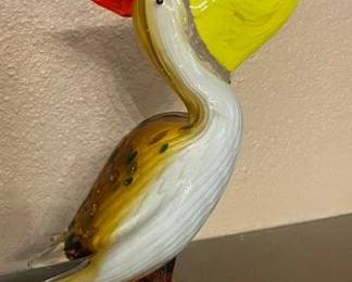 Murano-Style Glass Pelican Figurine, Handblown glass Art, 10.5"T
